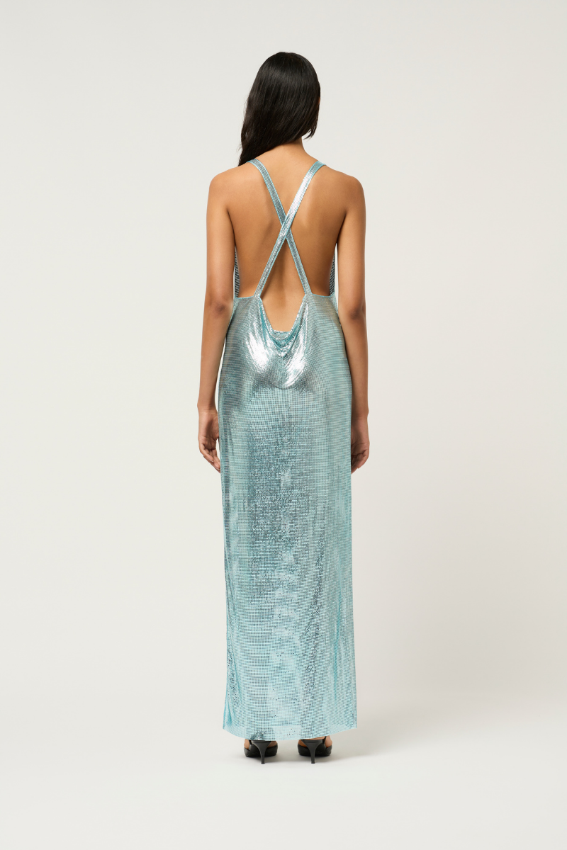 CROSS DRAPE CHAINMAIL MAXI DRESS