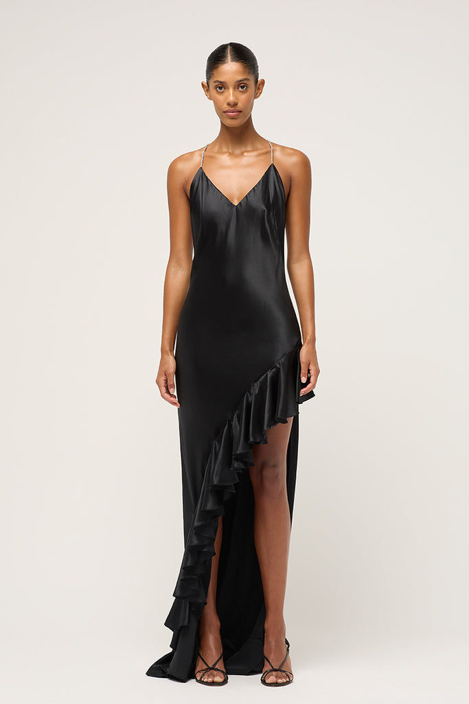 RUFFLED CRYSTALLINE DRAPE DRESS - BLACK